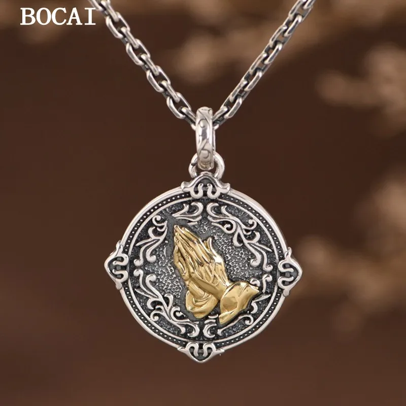 BOCAI NEW S925 Silver Retro Personality Praying With Both Hands Vine Round Pendant With