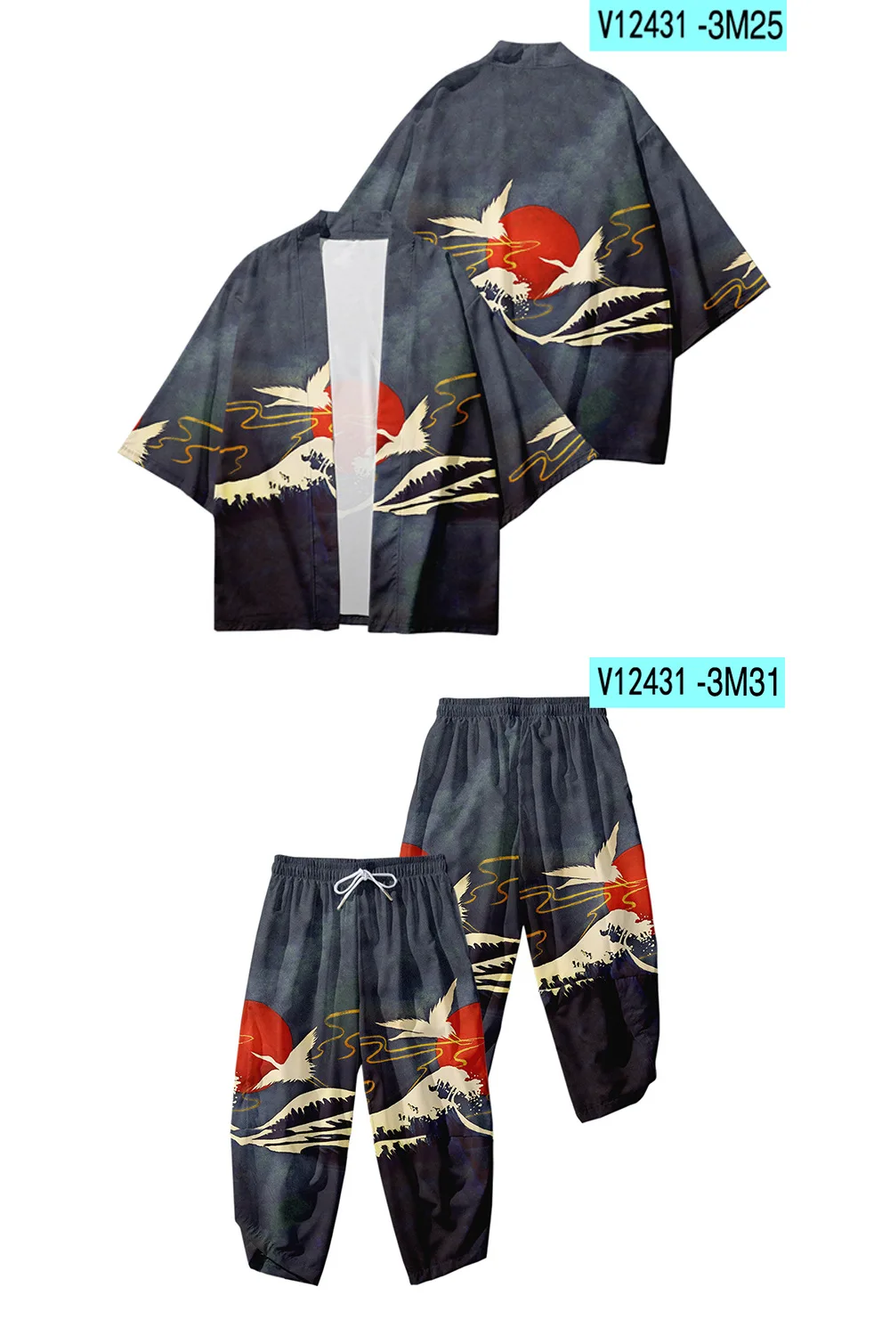 

Summer Yukata Asian Clothing Harajuku Crane Print Kimono Pant Sets Two-piece Suit Vintage Japanese Women Men Cosplay Cardigan