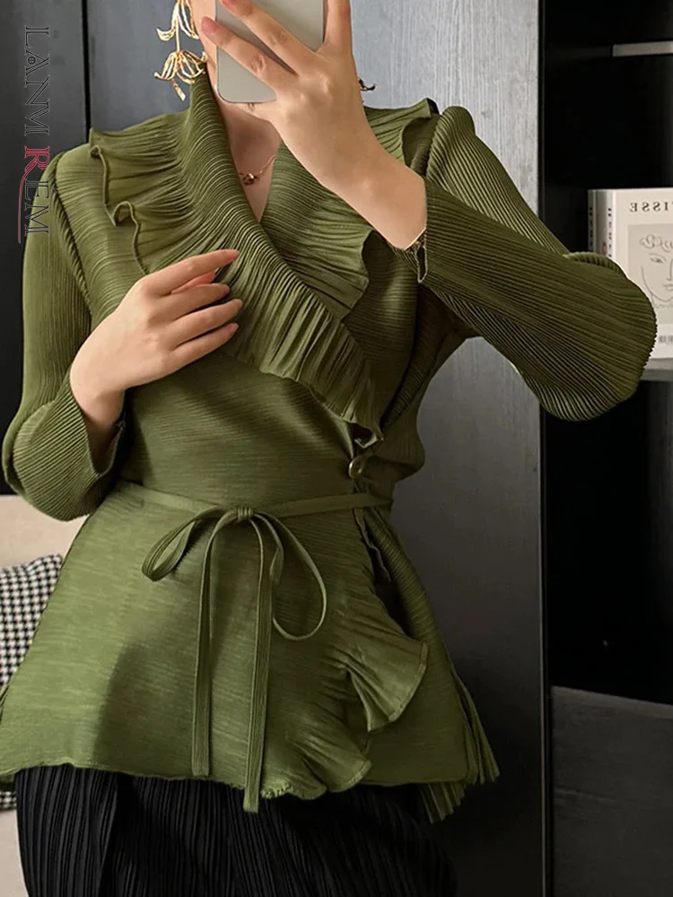 LANMREM Designer Pleated Shirt For Women Long Sleeves Ruffles Belt Waist Solid Color Female Chic Top 2024 Spring New 2DA3800