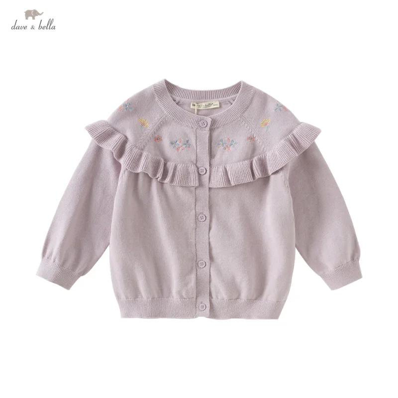 Dave Bella Girls Baby Sweater Cardigan 2025 Spring Gentle Sweet Cute Embroidery Children's Pure Cotton Knitted Jacket DB1250079