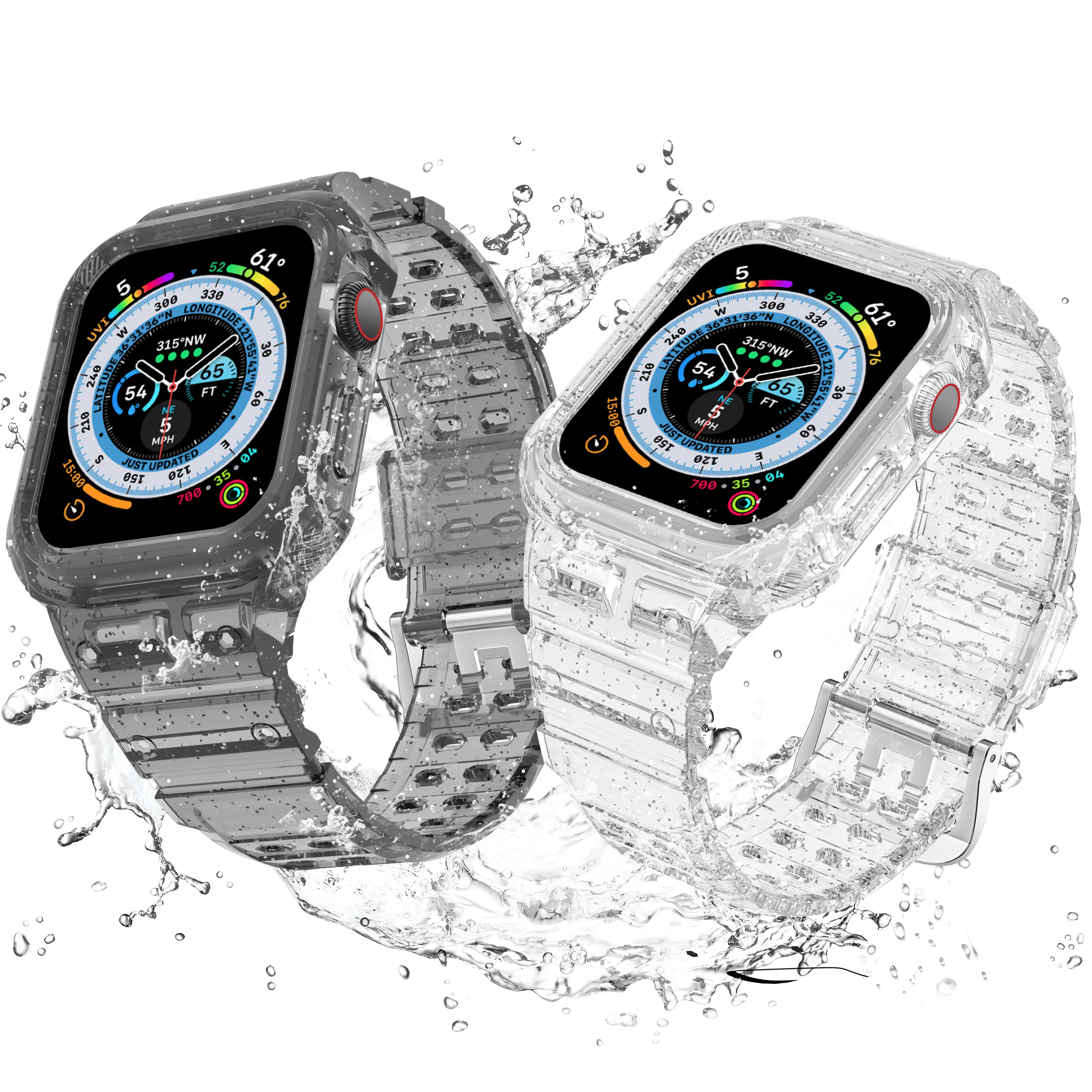 Case+Strap for Apple Watch Band 44mm 40mm 45mm 41mm 42mm Accessories Transparent Silicone glitter Bracelet iWatch series 9876 se