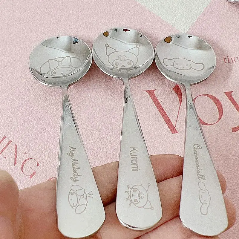 Kawaii Sanrio Tableware Suit Kuromi Cinnamoroll Cartoon Student Have A Meal Spoon Chopsticks Stainless Steel Toys For Girls