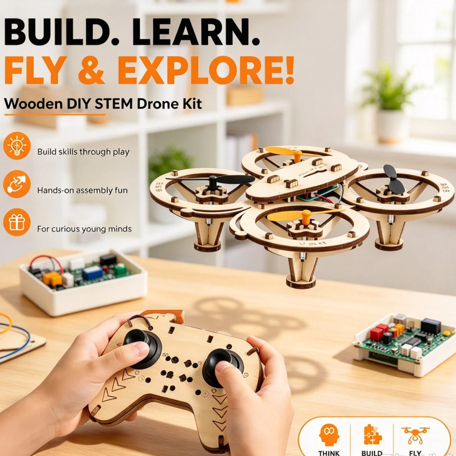 DIY Wooden RC Drone With Lights Assembled Brick Remote Control Quadcopter Model Kit Toy Headless Mode 360 Flips Plane Game Gifts