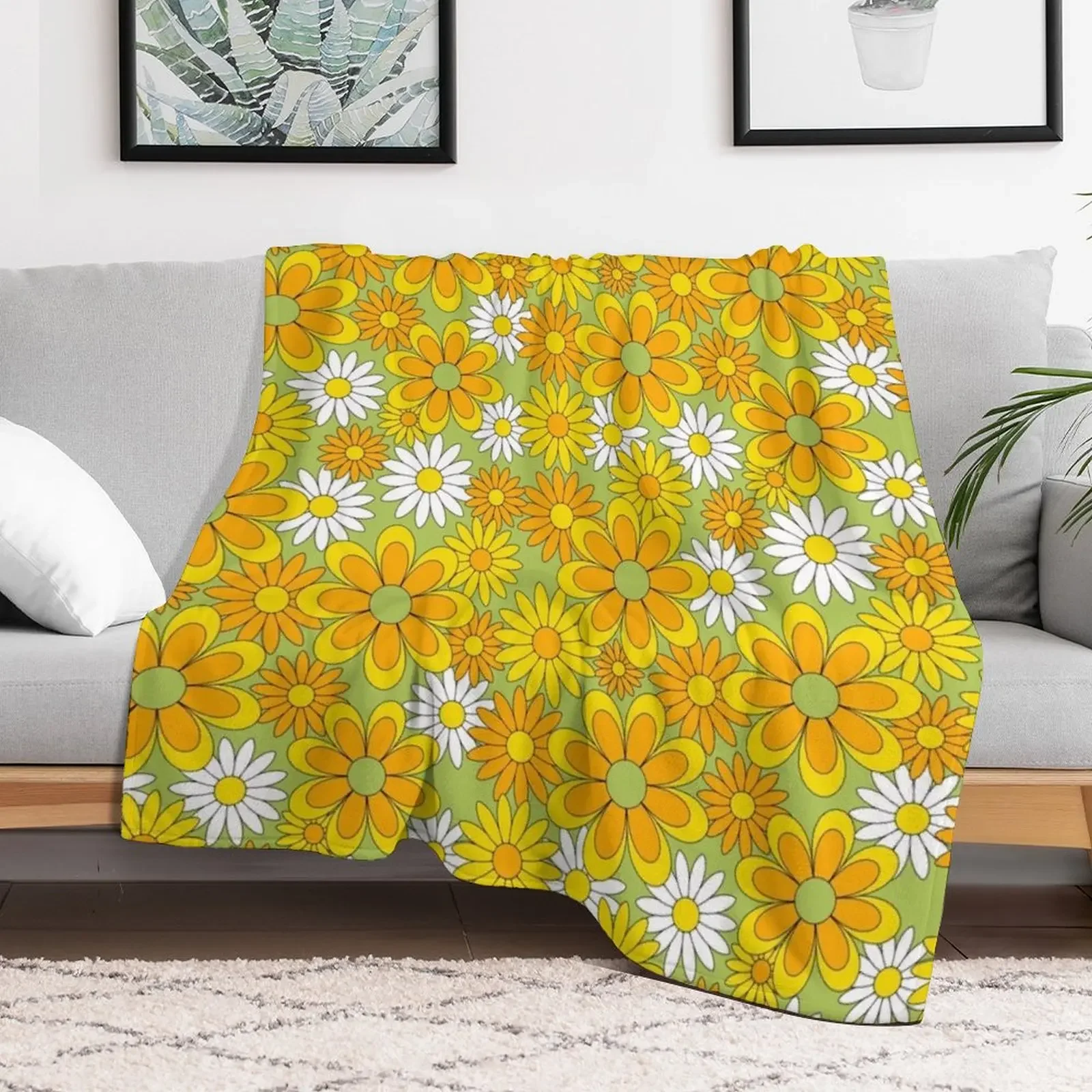 70s Flower Power Green Orange Yellow Retro Daisy Throw Blanket Polar Quilt Blankets