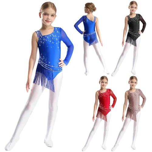 Imagen 2 del producto Leotardo de gimnasia de Ballet para niñas, mono con flecos y diamantes de imitación, mono con borlas irregulares para patinaje artístico, actuación de baile
