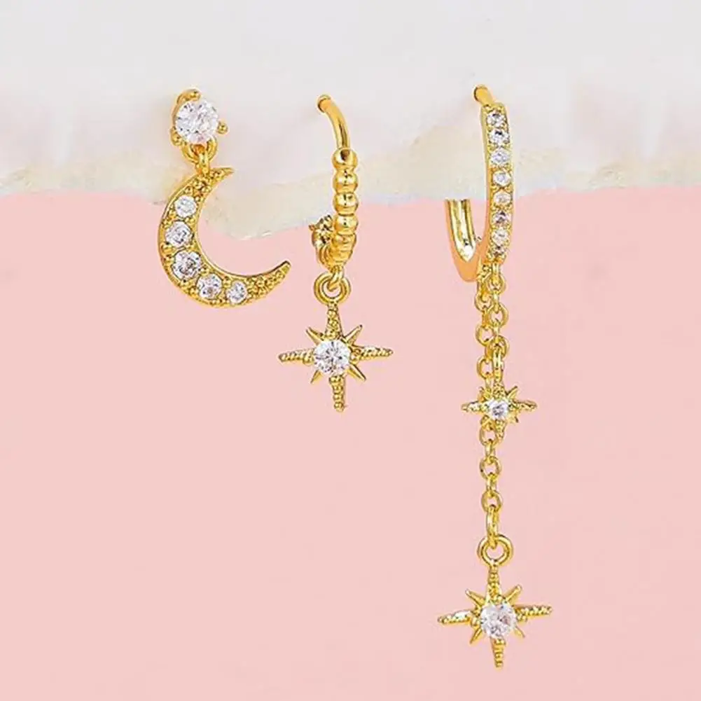 Stacking Hoop Earrings 3 Pairs Women Earrings Moon Star Charm Huggie Earrings Electroplated Rhinestone Studs Party Prom Dating