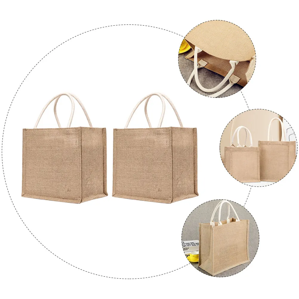 2 個黄麻布トートバッグ再利用可能な食料品バッグショッピング野菜洗えるジュート収納ポーチ多目的トートハンドヘルドバッグリネン