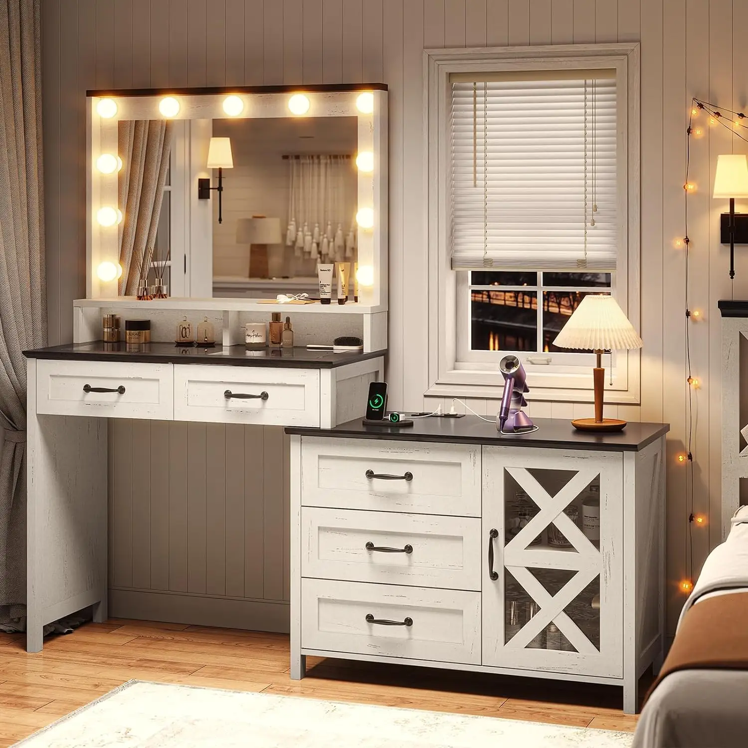 Farmhouse Makeup Vanity Desk w/ Large Mirror & Lights, Glass Top Vanity Table w/Charging Station, Makeup Desk w/Drawers &Dresser