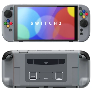 PlayVital Nintendo Switch 2 Case Sets,Anti-Scratches Hard Shell Dockable Grip Cover with ABXY Buttons,Thumb Grips -SNES EU Style 1