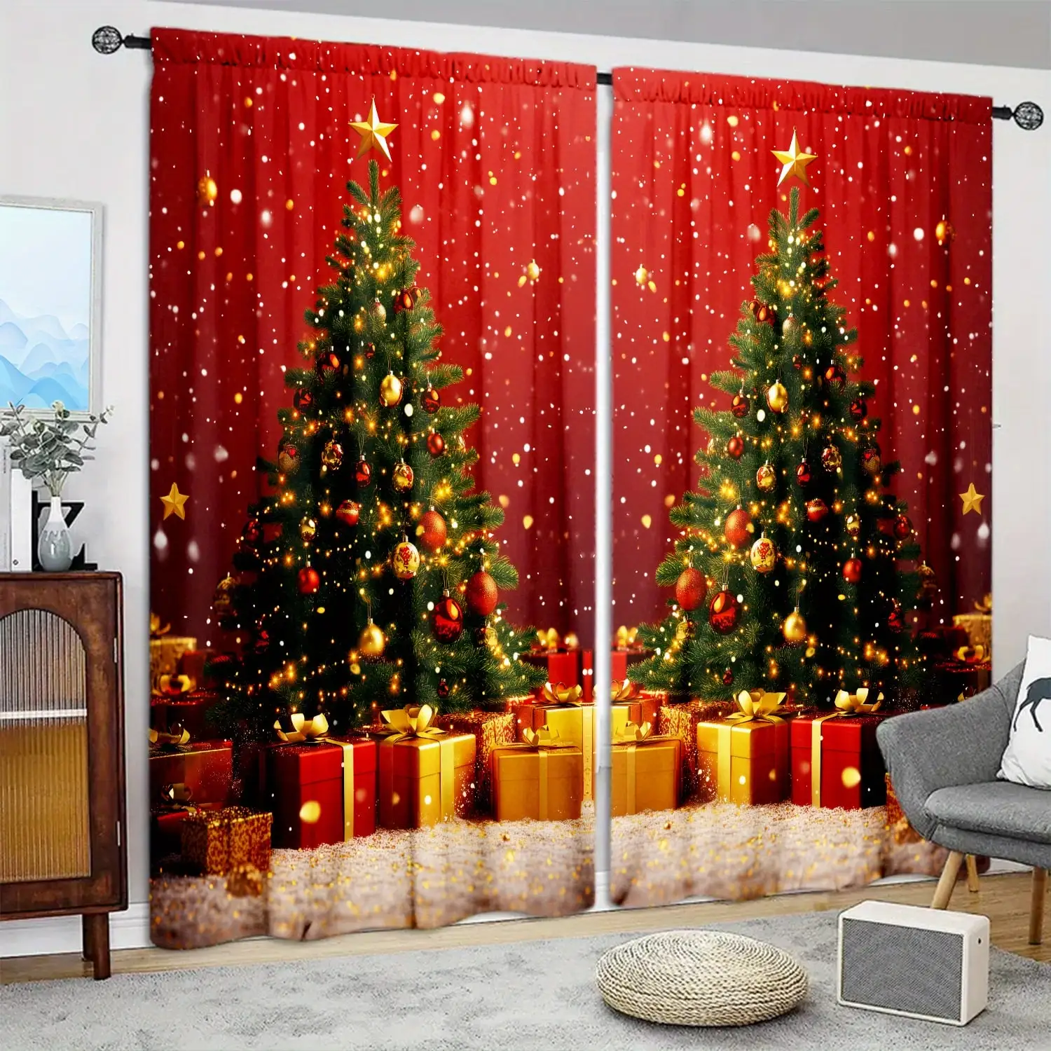 

2pcs Christmas Tree and Gifts Printed Curtain for Christmas Home Decor-Rod Pocket Window Treatment for Bedroom, Office, Kitchen