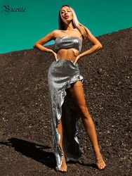 VC Silver paillettes Dress Set donna Sexy senza spalline Crop Top e Ruffles Side Split gonna lunga dritta Streetwear scintillante