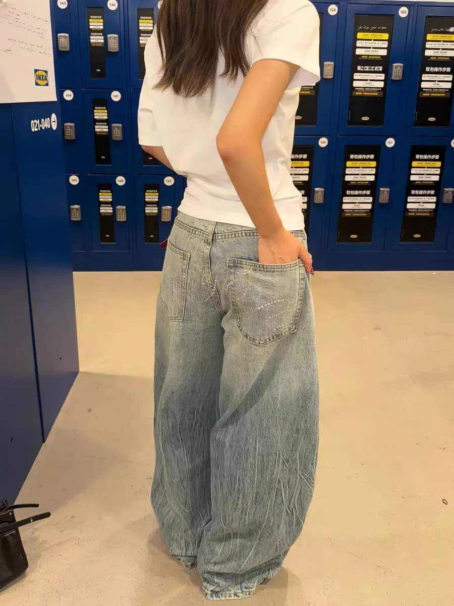 

Американские Ретро Пояса Молнии Узор Горный Хрусталь Широкие Повседневные Свободные Джинсы Мужские Высокая Талия Прямой Крой Дышащие Лето