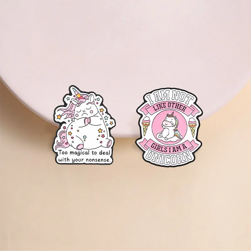 Sarcastic Unicorn Enamel Pin Kawaii Style with Ice Cream and Quote for Girls Denim Jacket and Bag Decoration
