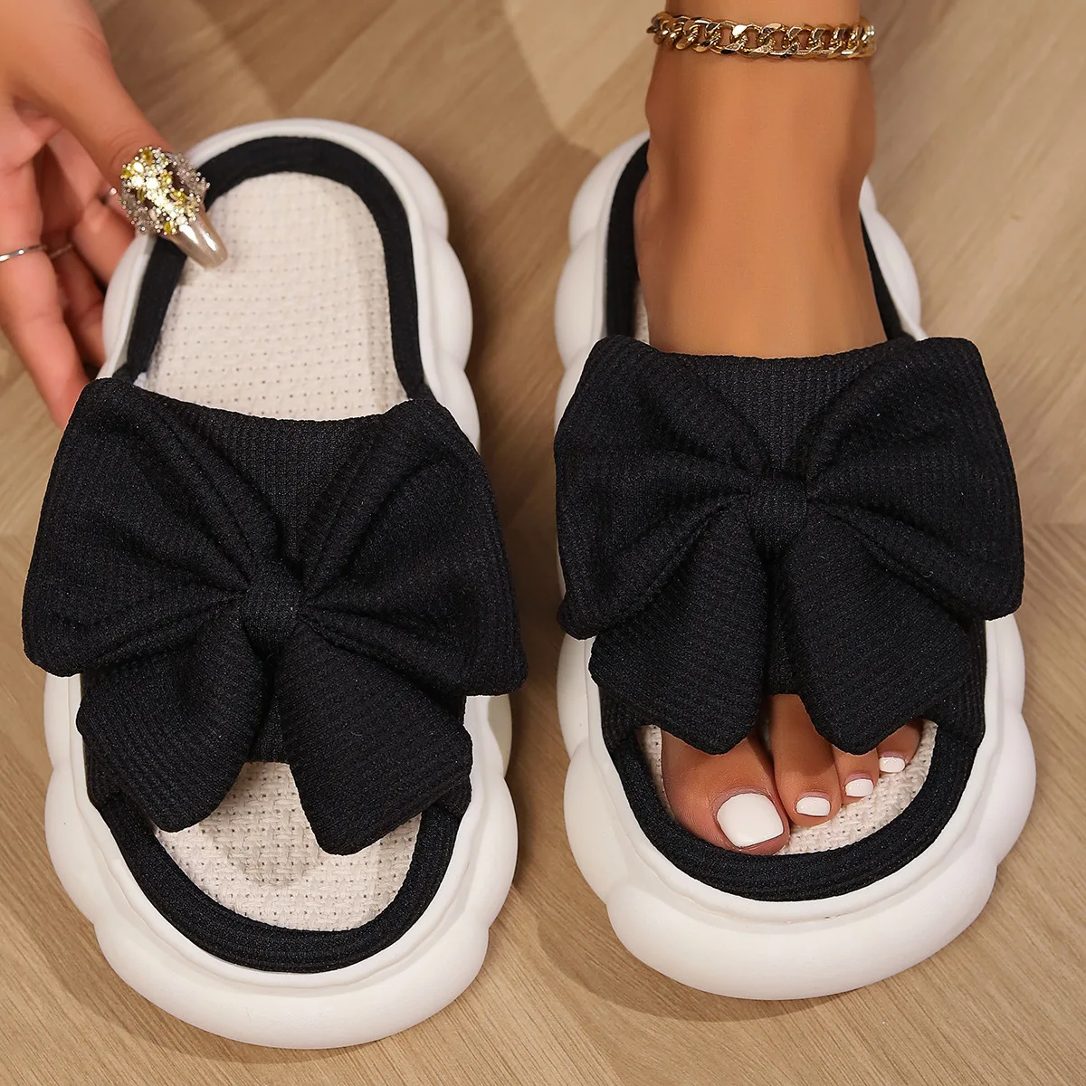 Big Bow Knot Cotton Linen Slippers For Women Home Floor Shoes Thick Sole Anti-slip Breathable Fabric Female Indoor Slides