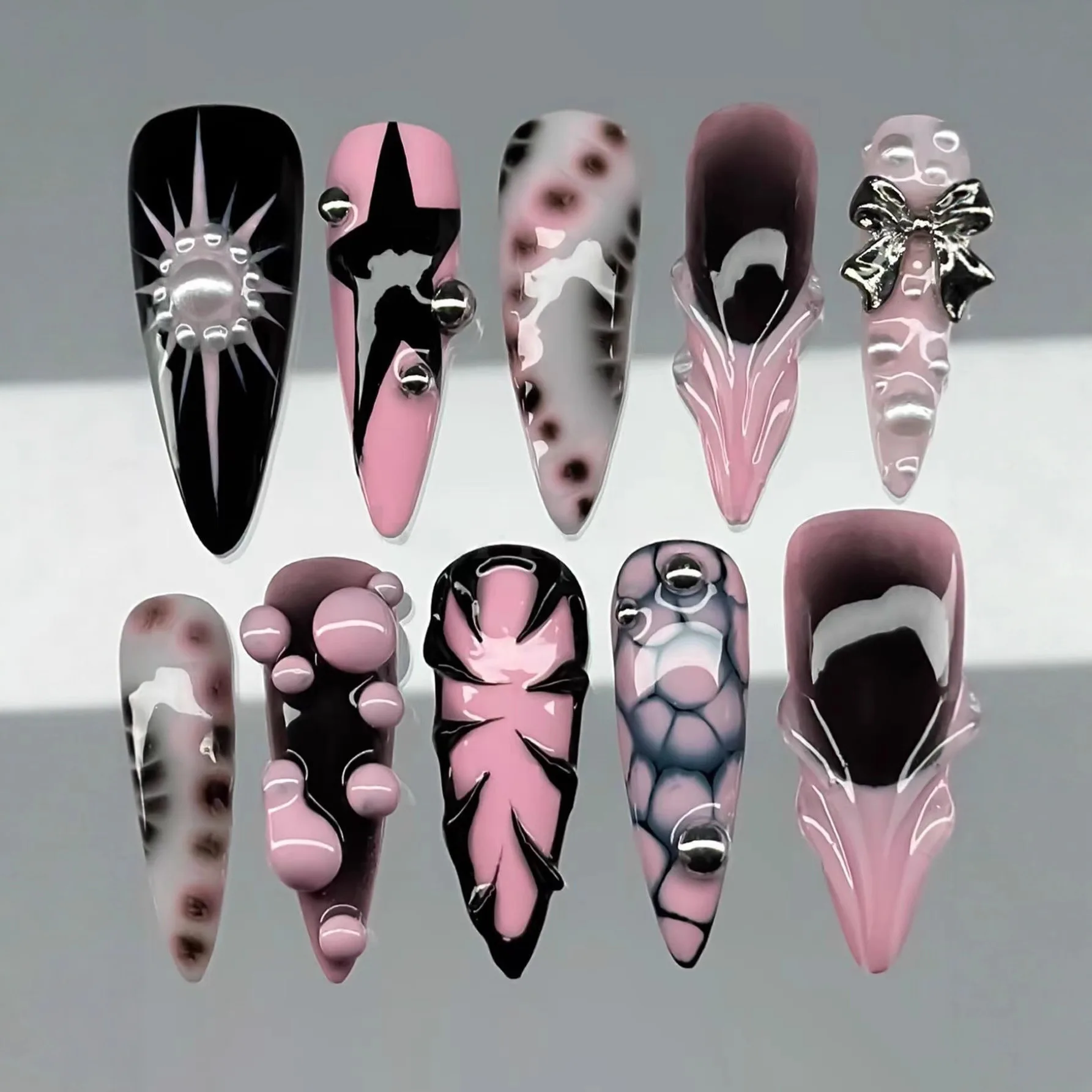 เล็บปลอมลายเสือดาวสีชมพูดำหวานเย็น 10 ชิ้น ทำมือ สำหรับผู้หญิง สไตล์ยุโรป กอธิค พังก์