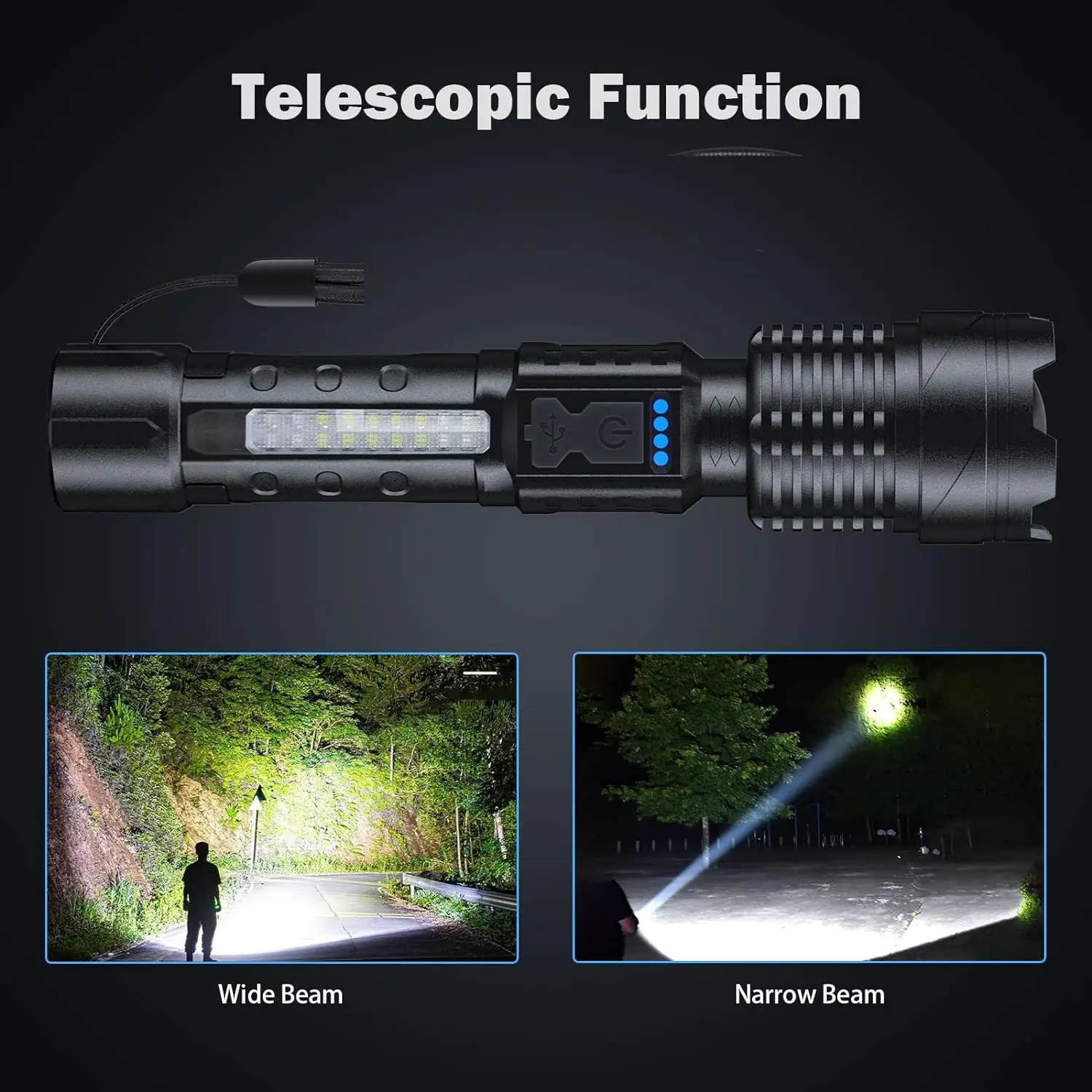 Powerful Led Portable Zoom Flashlight Built in Battery USB Rechargeable 7 Lighting Modes Tactical Light Emergency Camping Torch