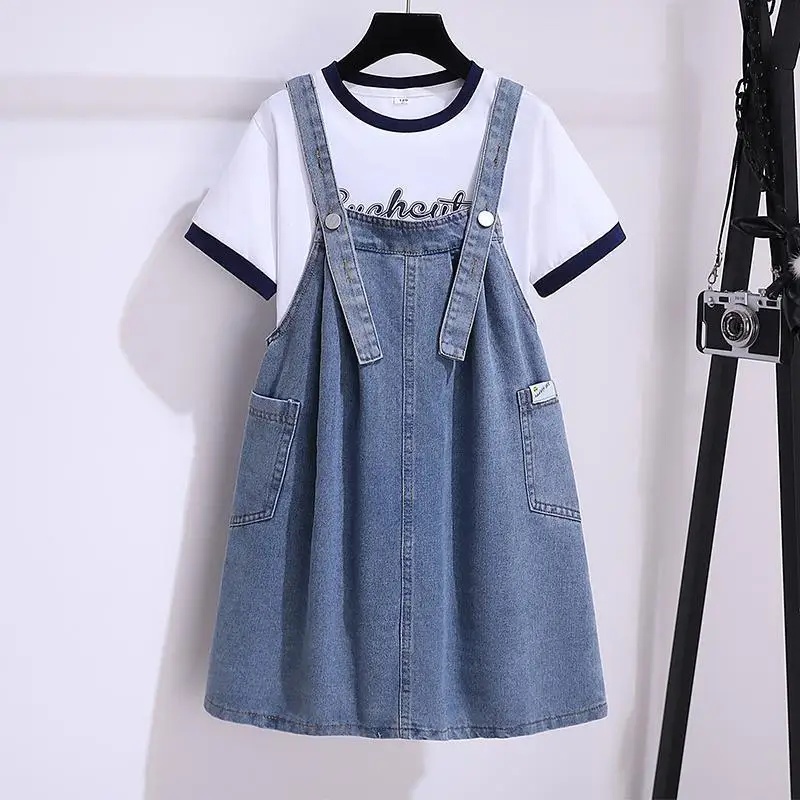 

Girls' summer dress, new stylish denim skirt set, two-piece children's fashionable suspender dress