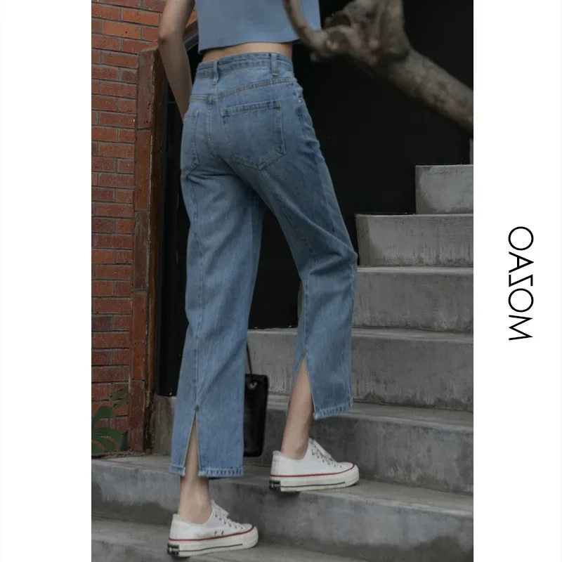 Fall Back Slit High Waist Blue Jeans Women's Straight Loose Loose 2023 New Wide-leg Ninth Pants Summer Female New Solid Trouser