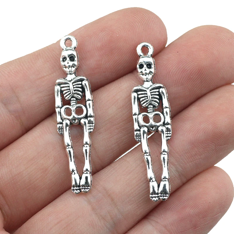 20 Pieces 10*40mm Mixed Alloy Antique Silver Color Skeleton Wicca Charms Bracelet Pendant Accessory For DIY Jewelry Making