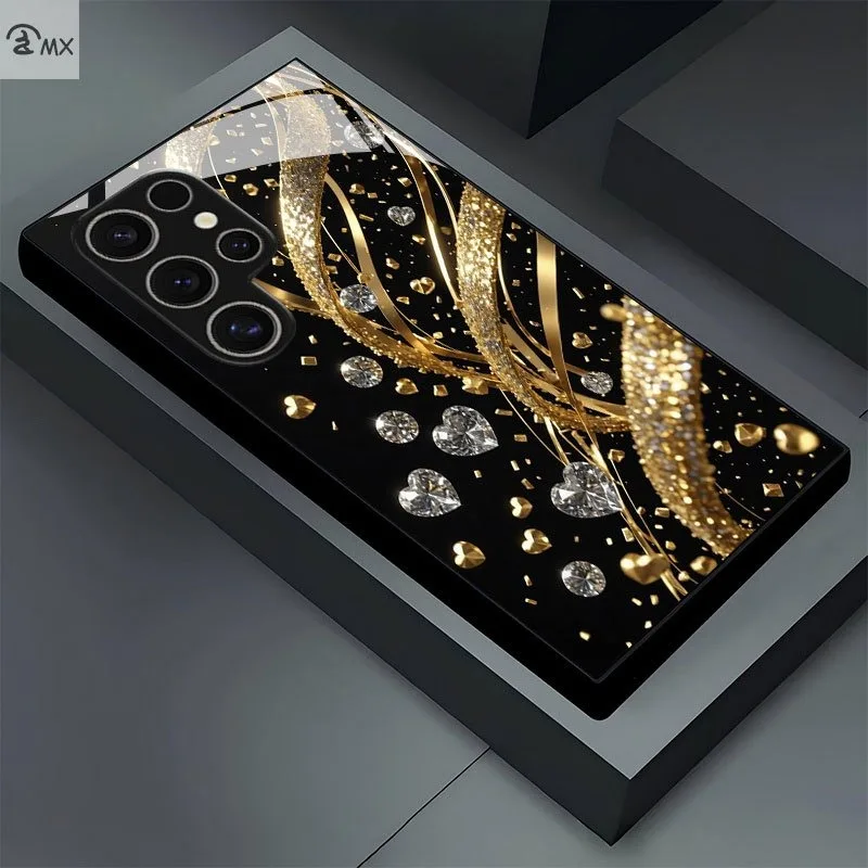 Luxury Gold Diamond Heart Phone Case For Samsung GalaxyS26 25 24 23 22 21Ultra Plus FE Shockproof Hard Tempered Glass full Cover