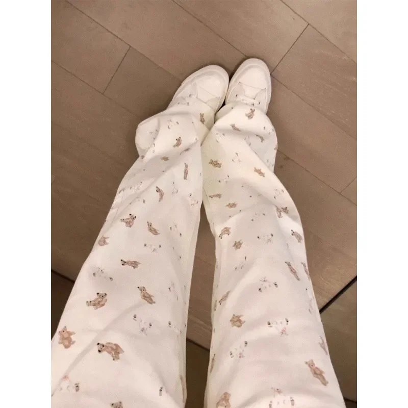 

American white bear floral jeans female 2024 new cartoon straight loose wide-leg pants with drooping feeling mopping the floor