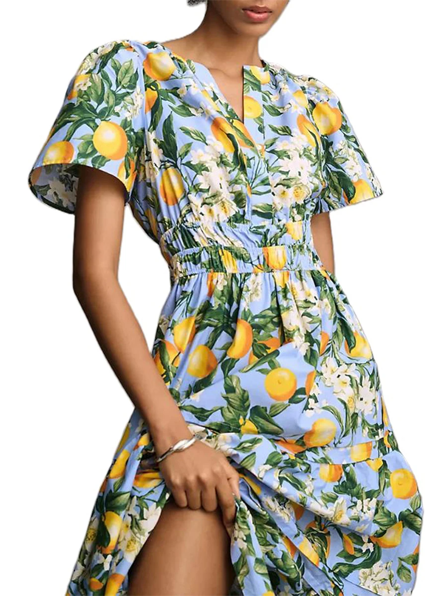 Women Boho Maxi Dress Floral Print Short Sleeve V Neck Ruffle Aline Long Dress Tiered Flowy Beach Sundress