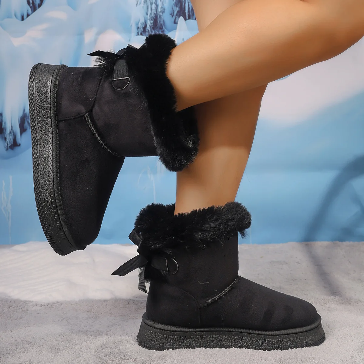 

Sheepskin Fur Lining Winter Warm Boots for Women Ladies Women's Mid Calf Leather Short Fashion Bow Snow Boots