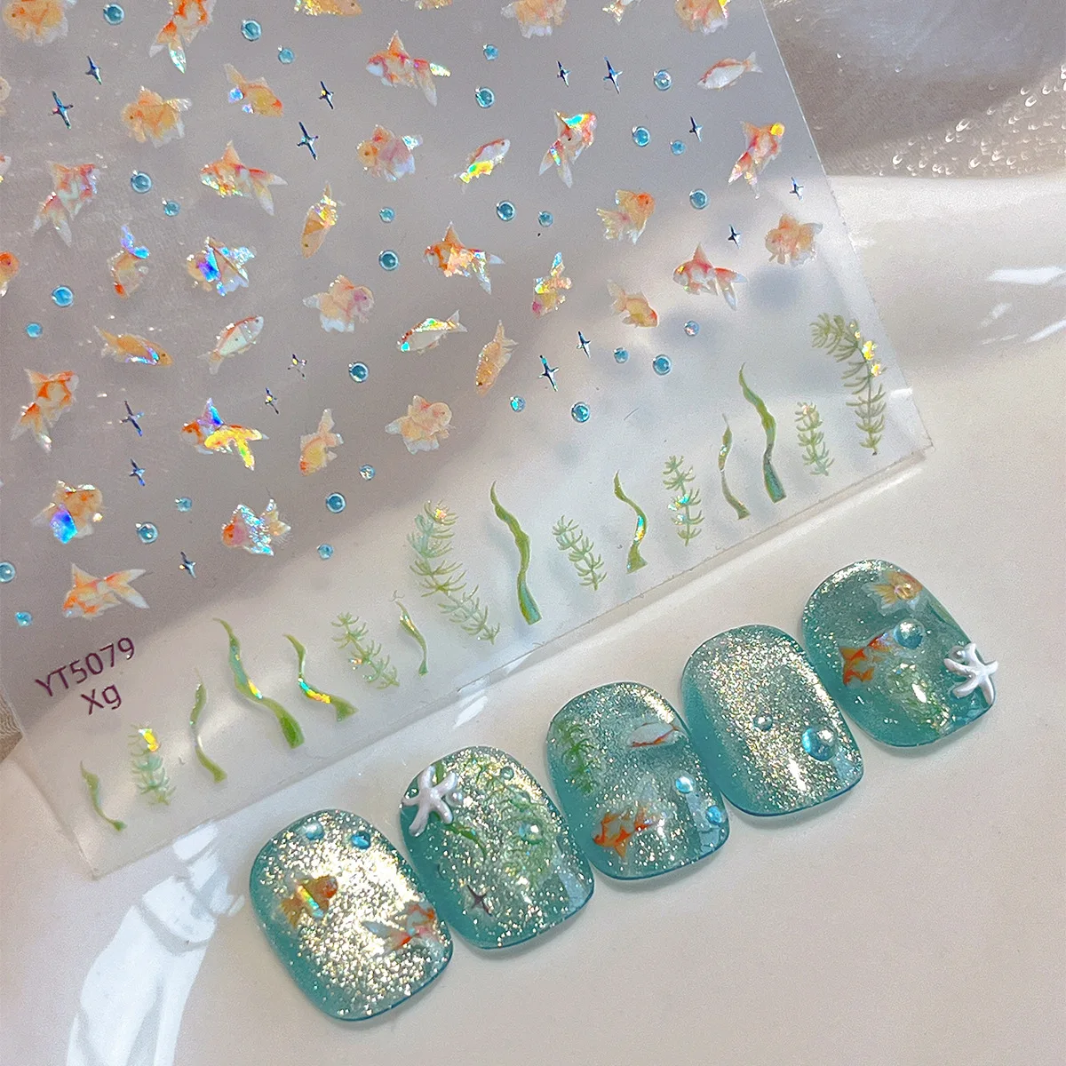 

1sheet Iridescent Starfish & Goldfish Nail Decals - Adorable Cartoon Design with High-Shine Glitter Effect