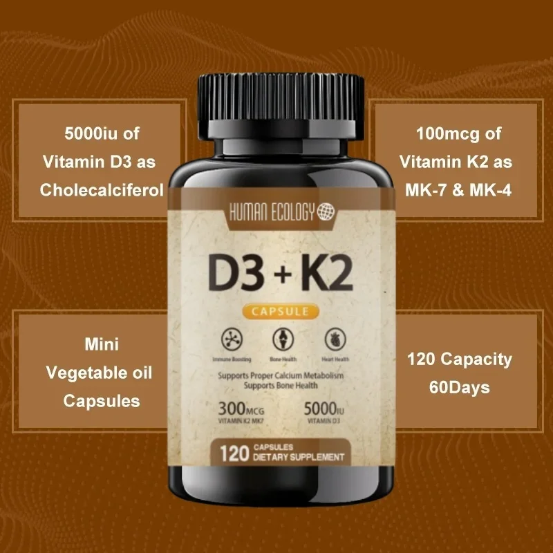 Shengsu K2 (mk7) (100mcg) + فيتامين D3 (5000 Iu) 120 كبسولة - خالية من الغلوتين وغير Gmo