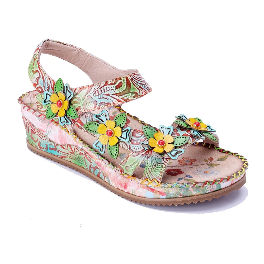 Birkuir Genuine Leather Flowers Wedges Sandals For Women Thick Heel Hook Loop Slides Mixed Colors Beach Sandals Big Size 41 42