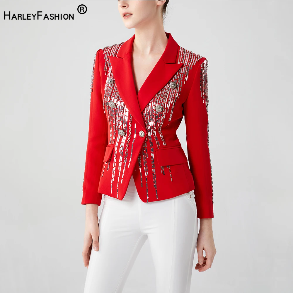 Christmas Party Red Luxury Squined Shining Aye-catching Women Fine Workship Top Slim Blazer Lady Jackets