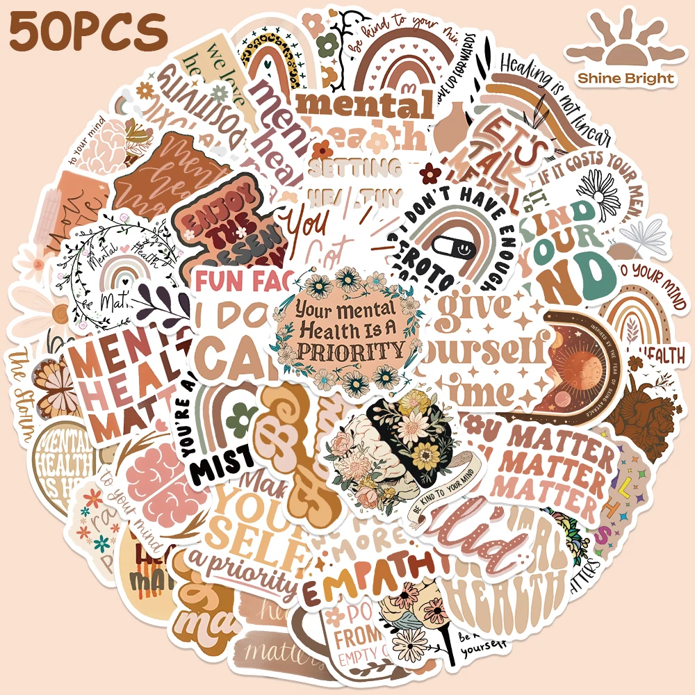 50pcs Boho Mental Healthy Stickers Aesthetic Decals For Laptop Luggage Skateboard Water Bottle Notebook Waterproof Vinyl Sticker