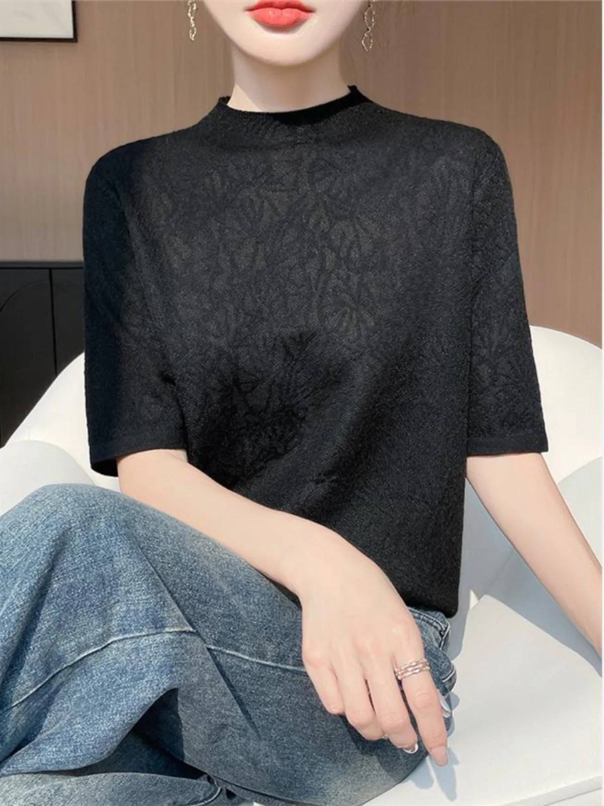 

Slim Fit Knitted Top Women's T-irt f High Collar Five Sve Mid-Sve Base irt Spring Autumn Inner Wear Polyester Fiber