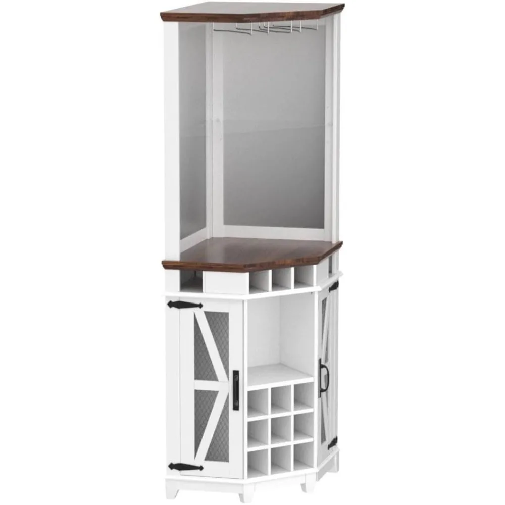 OKD-Armoire de rangement pour bar d'angle, grand meuble de bar à vin de ferme avec porte de grange et étagère réglable, armoire de bar domestique avec lumière LED, 72 po