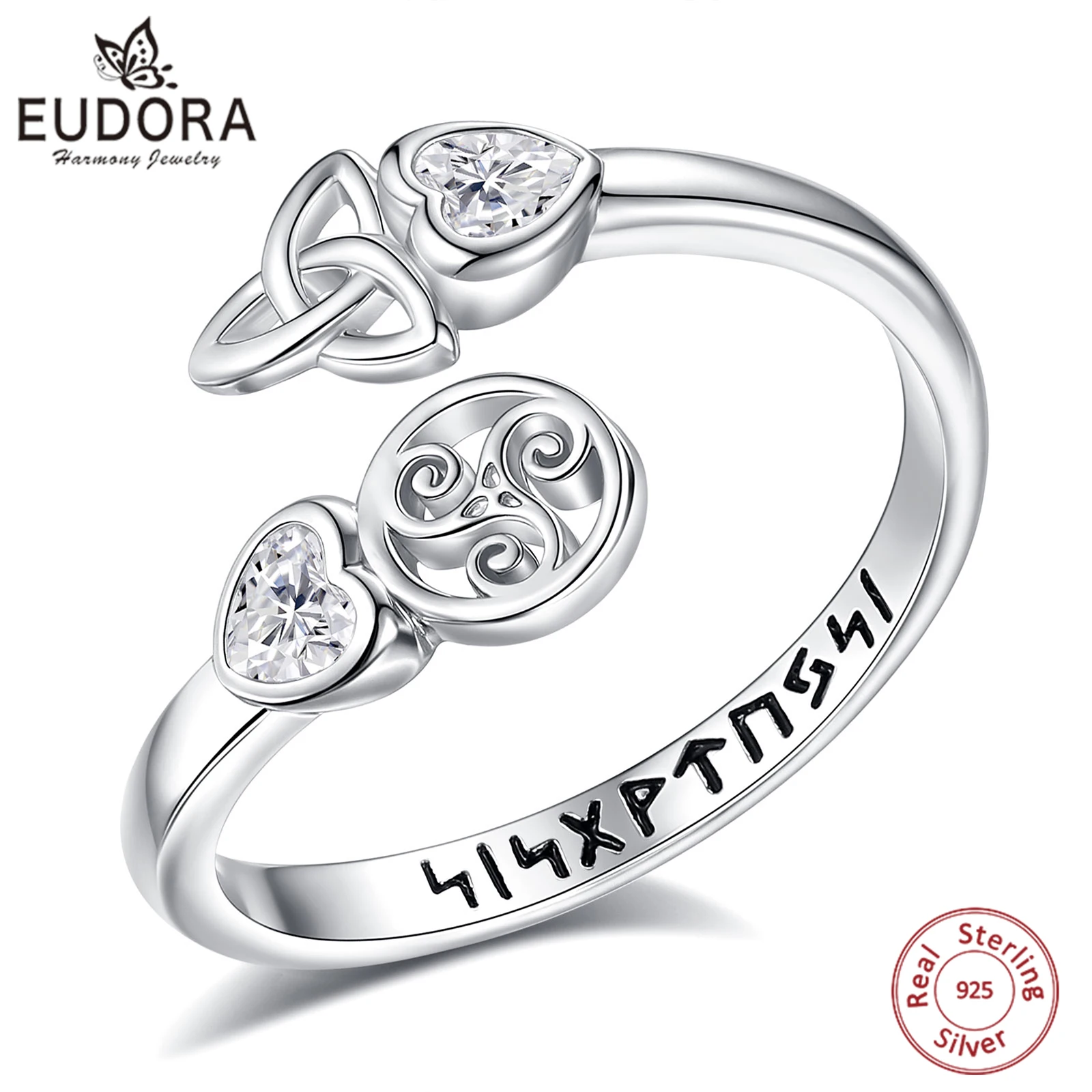 

Eudora, стерлинговое серебро 925, кельтский узел, трискелион, регулируемое кольцо, открытое кольцо с рунами викингов, Wicca, языческие ювелирные изделия, подарок для женщин и мужчин