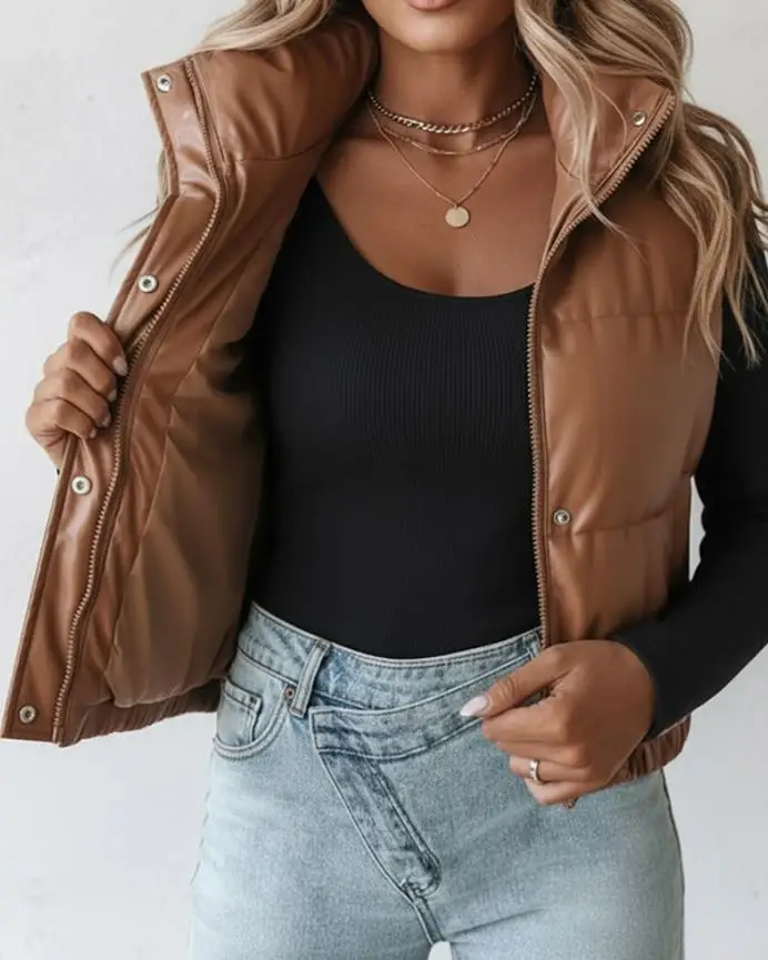 

Women's Jacket PU Leather High Neck Zip Up Double Snap Buttons Front Vest New Fashion Women Casual Stretchy Hem Crop Padded Coat