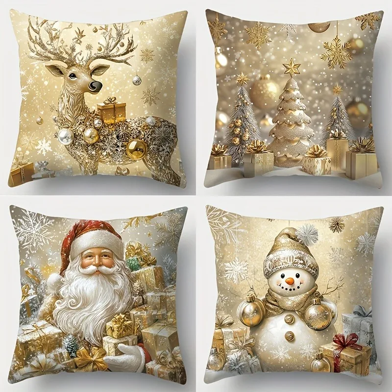 Weihnachtsmann, Schneemann, Hirsch, Weihnachtsbaum, geeignet für Sofa-Dekoration im Freien, Wohnzimmer, Sofa, Heimdekoration, Kissenbezug mit Reißverschluss