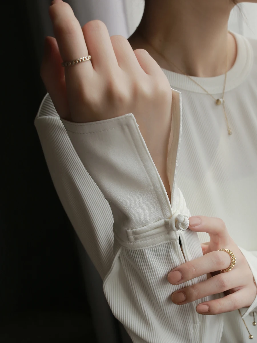 

Warmo Chinese Sle Button Design Long Sve Loose round Ne T-irt Women's Inner Wear Spring Autumn Thin Rib Stripe