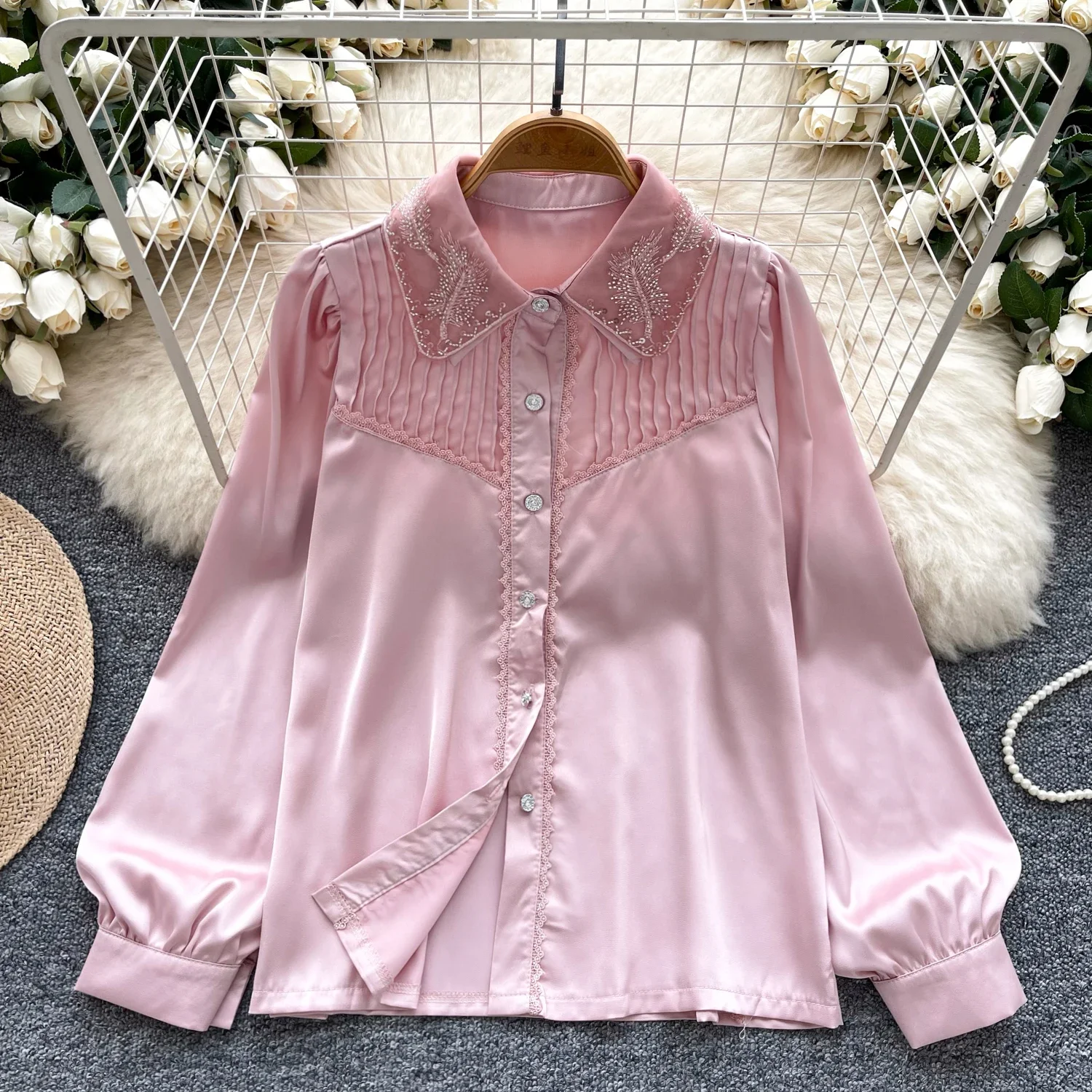 Chic Embroidered Beads Basics Long Sleeves Elegant Polo-neck Loose Single Breasted Top French Office Lady Autumn Satin Clothing