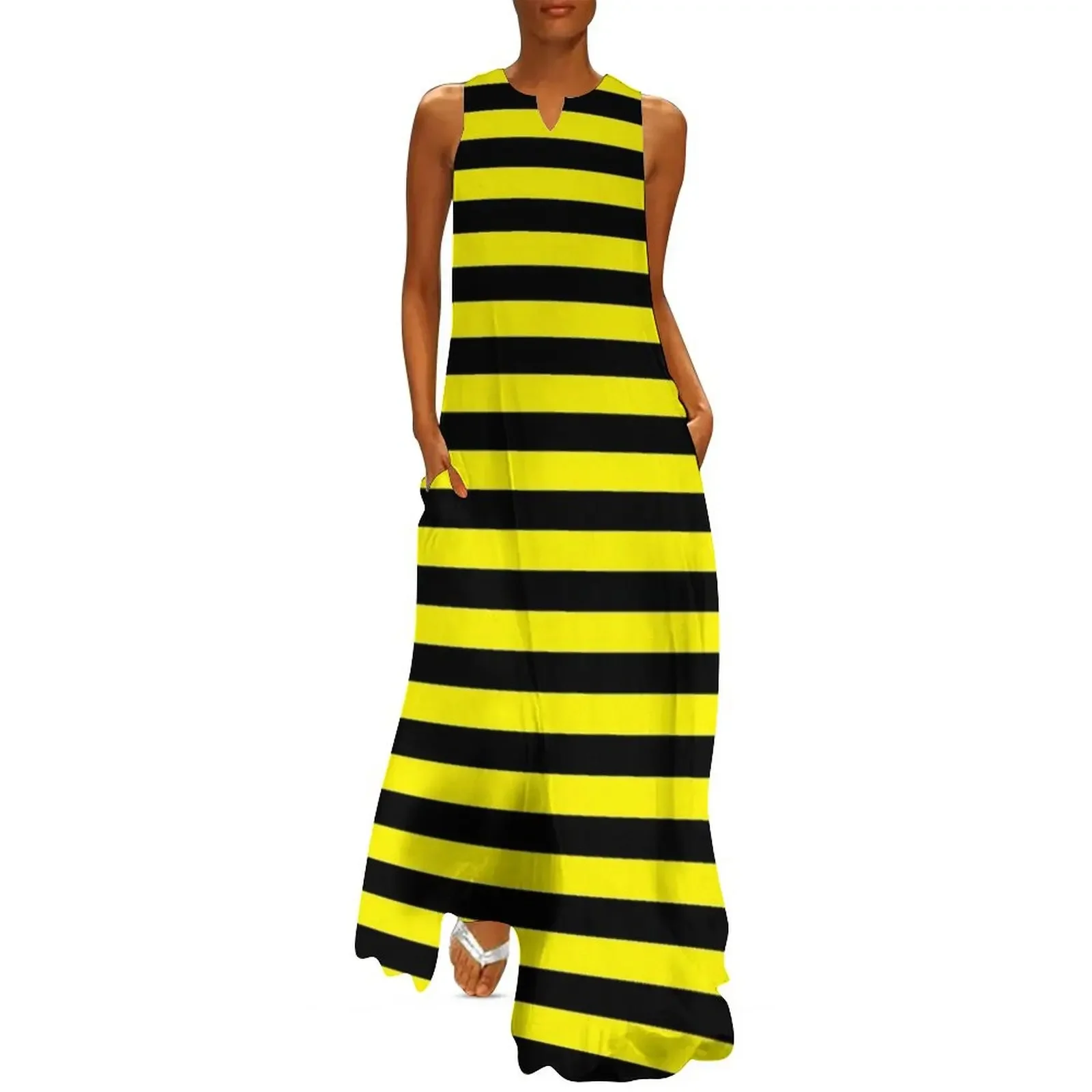 

Lemon Yellow and Black Horizontal Stripes Long Dress wedding guest dress 2025 summer dress summer women 2025