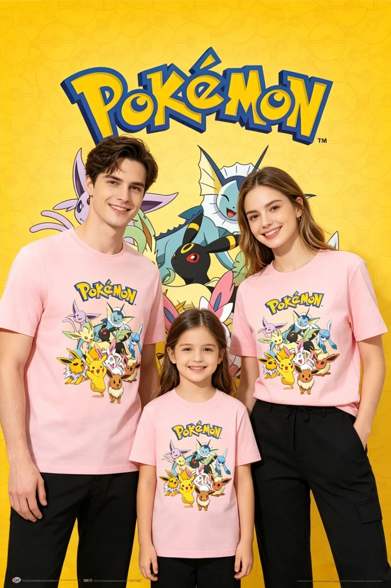 T-shirts d'été 2026 Pokémon Évolués Eevee pour la famille, hauts décontractés en coton respirant, chemises parent-enfant pour les voyages en famille Y2K