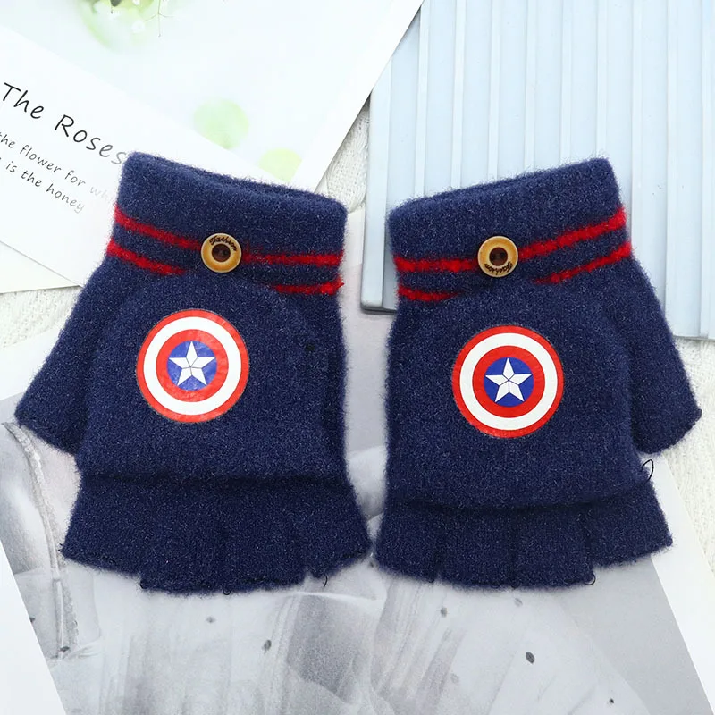 MINISO Marvel Captain America shield children\'s half-finger warm gloves winter padded knitted cartoon flap cold gloves