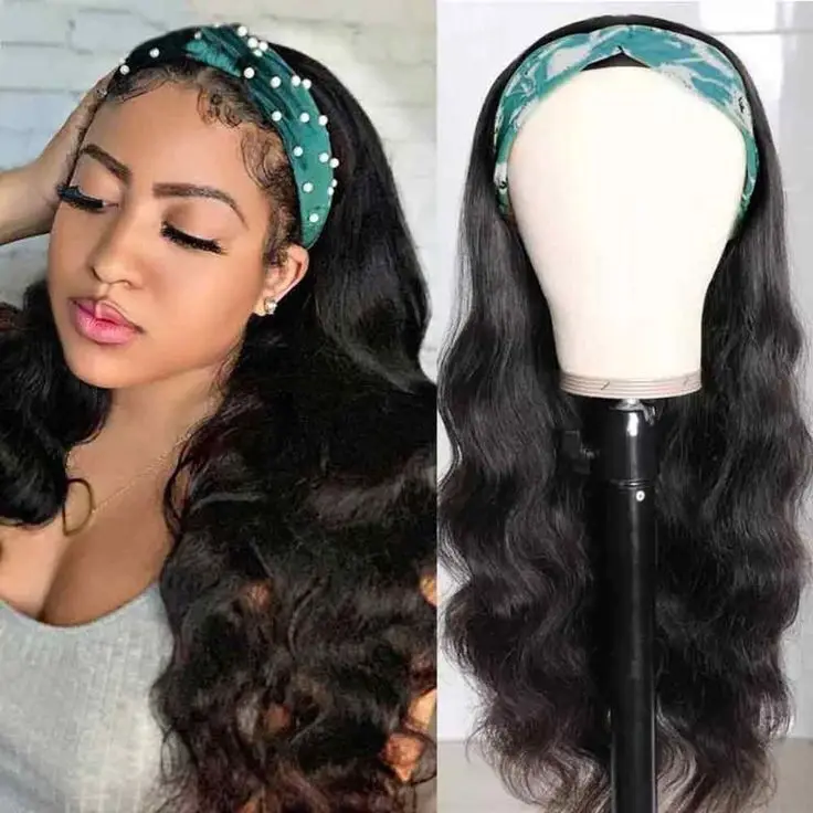 Long Wave Black With Headband  Synthetic Heat Resistant Wigs