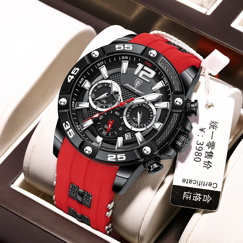 POEDAGAR Mens Watches Brand Luxury Silicone Strap Waterproof Sport Chronograph Quartz Wristwatch Men Clock Relogio Masculino