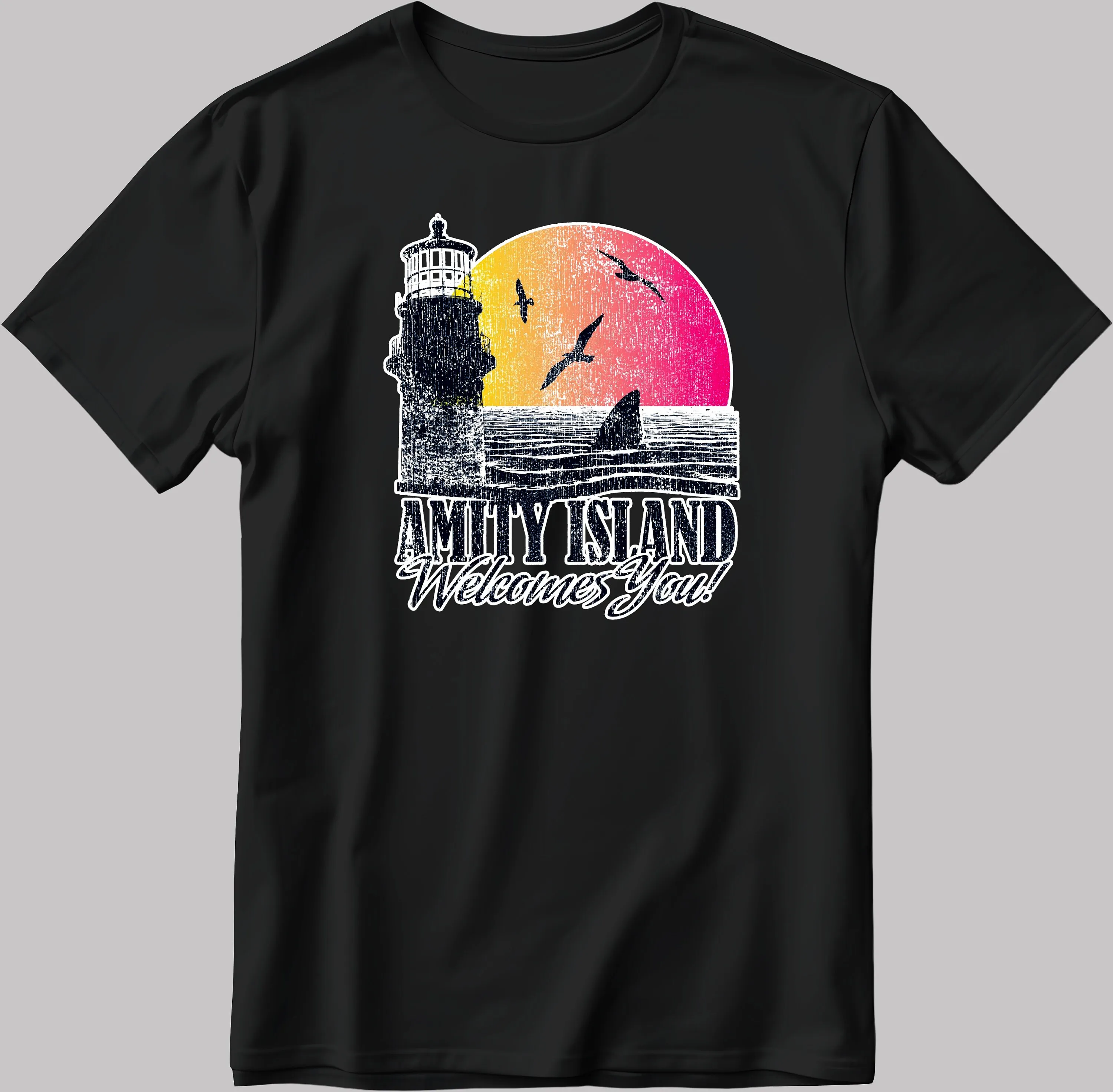 Amity Island Welcomes You Jaws White Black T Shirt K057