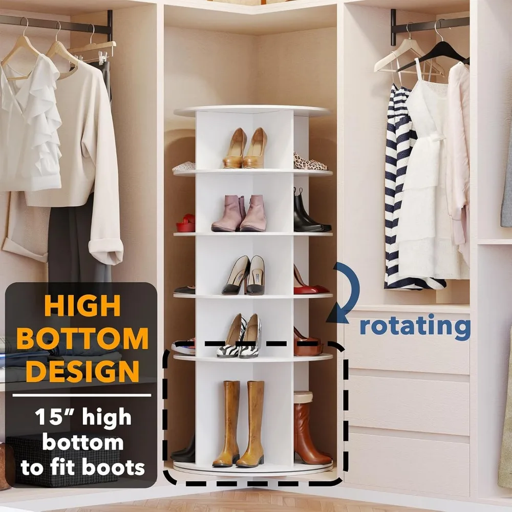 Rotating Shoe Rack 5 Tier Organizer, High Bottom Design Shoe Tower Spinning Storage Lazy Susan, Revolving Rack 360, Closet