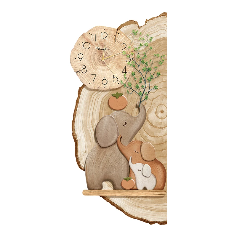 Cream-Colored Log-Style Elephant Entrance Hall LED Entry Corridor Hallway Wall Light Living Room Background Wall with Clock Mura