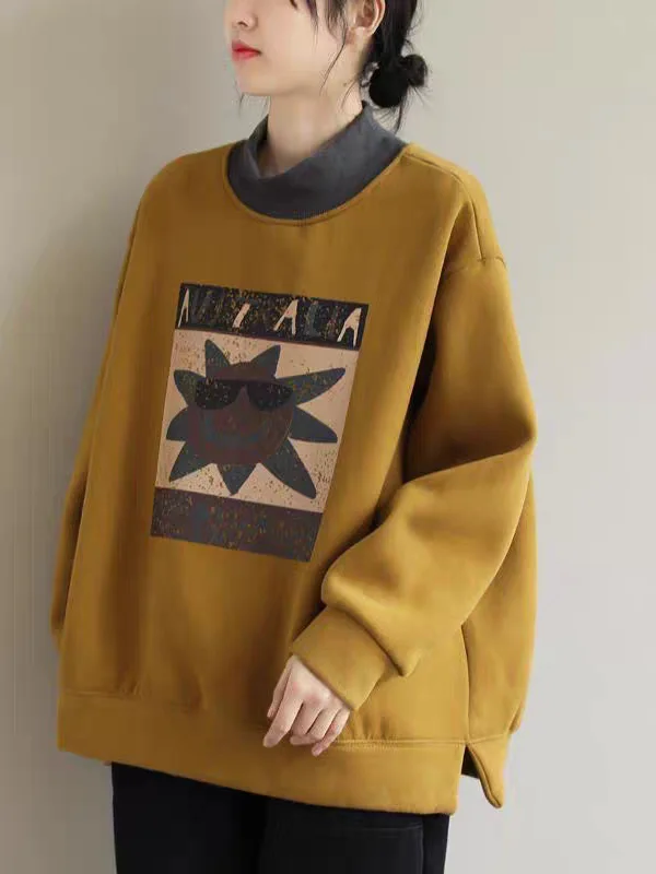 

Women's Thickened Fleece Hoodie Half High Collar Slimming Outerwear Trendy Brandless Loose Fit Long Sleeve Korean Style