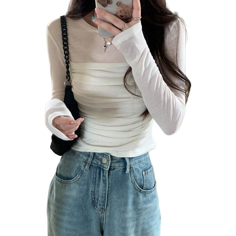 

Long Sleeve Slim Long Sleeve T-shirt Transparent Mesh Streetwear Women Thin Tops Versatile Wrinkle Shape Korean Style Crop Top