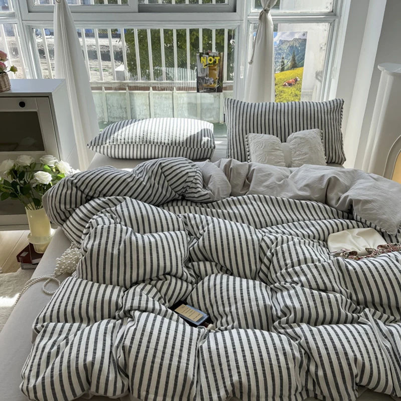 Korean INS Cream Style Bedding Set Solid Color Soft Bed Flat Sheet Pillowcase Adult Single Twin Full Queen Size Duvet Cover Sets